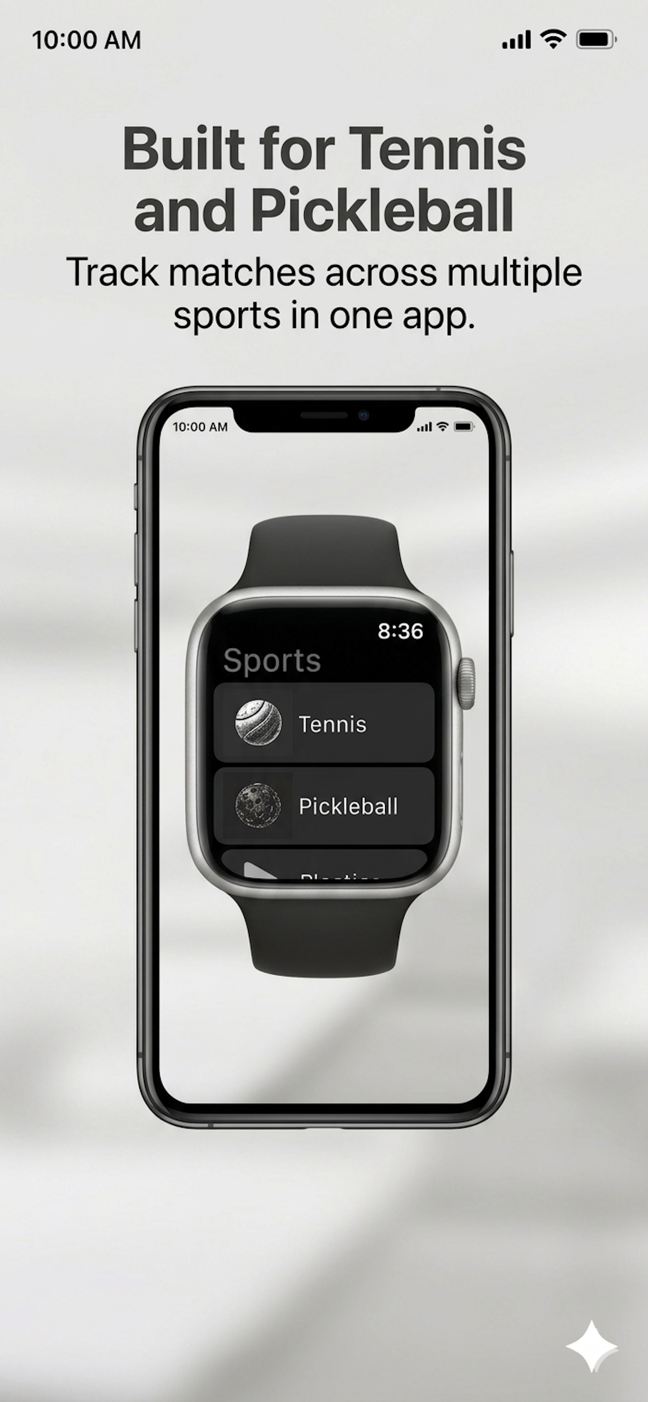 SporTrax tennis and pickleball screenshots on iPhone and Apple Watch