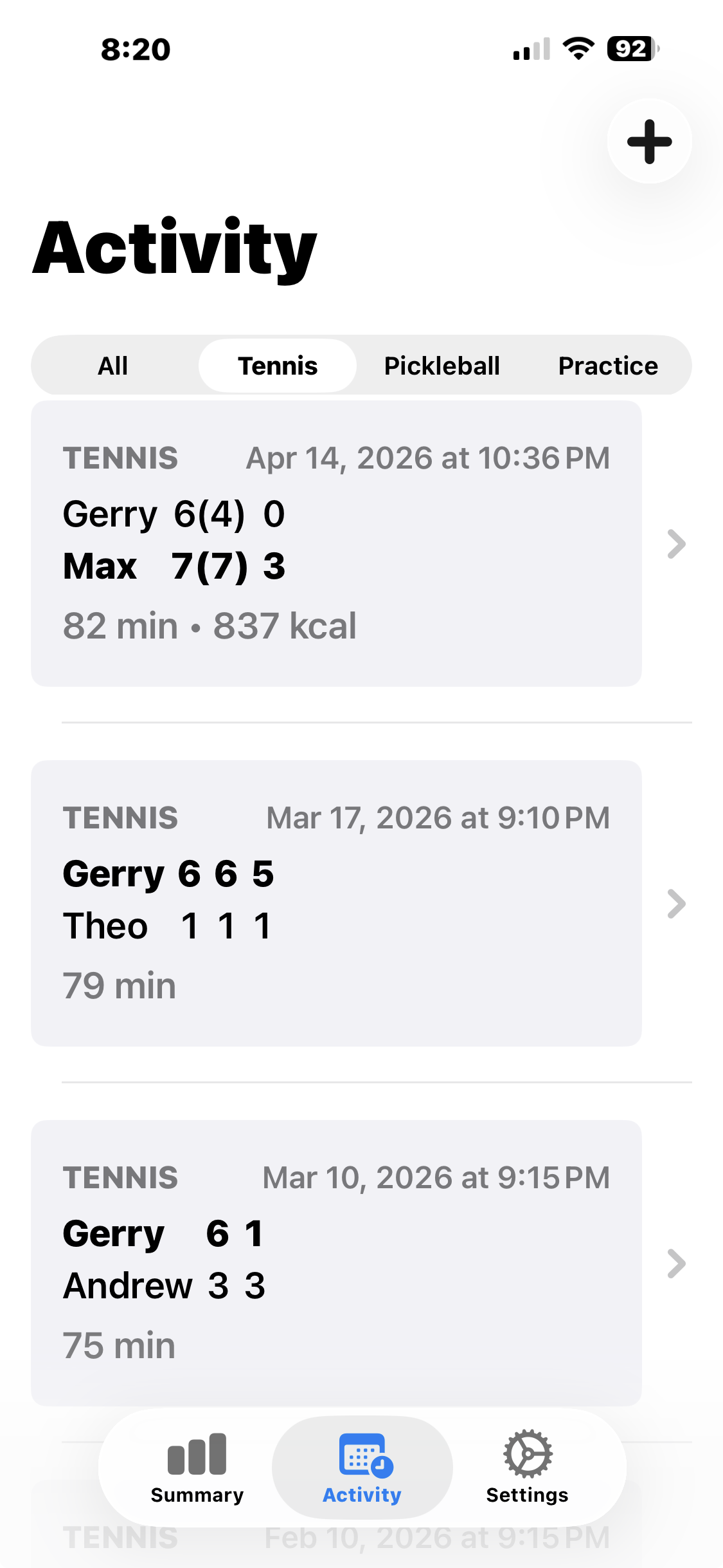 SporTrax iPhone activity history view